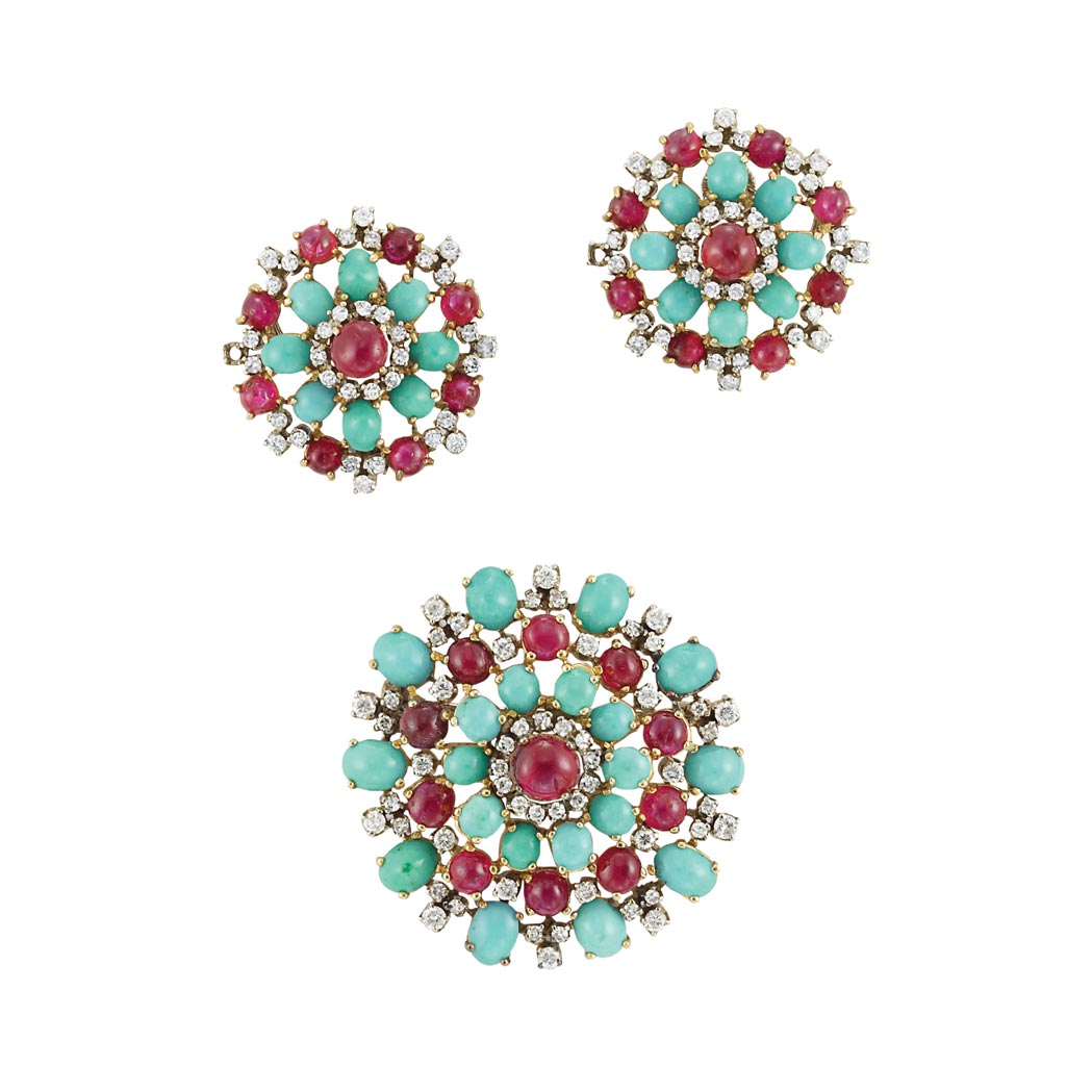 Appraisal: Turquoise Cabochon Ruby and Diamond Brooch and Pair of Earclips