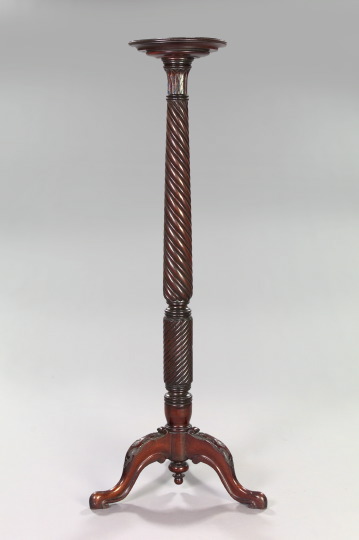 Appraisal: Victorian-Style Mahogany Stand the circular dished top on a spiral-reeded