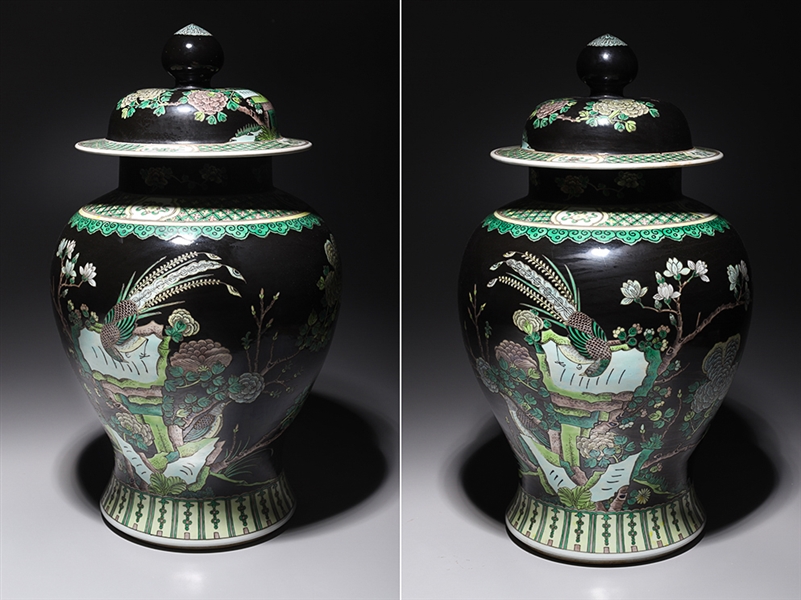 Appraisal: Pair of large Chinese famille noir Kangxi style covered vases