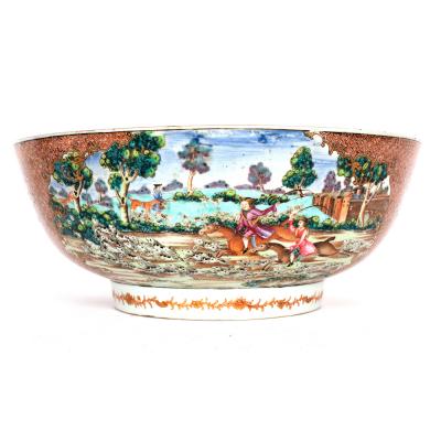 Appraisal: A Chinese famille rose hunting subject punch bowl Qianlong painted