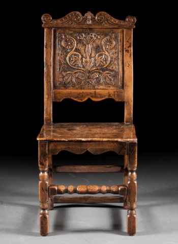 Appraisal: William and Mary style oak wainscot chair th century floral