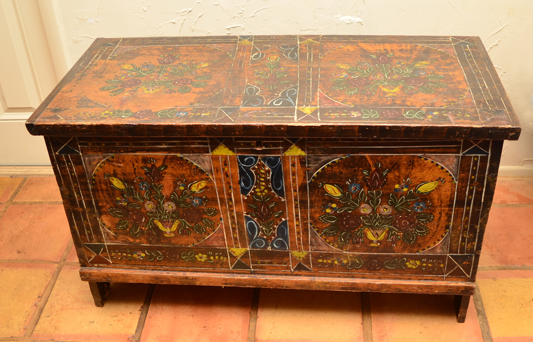 Appraisal: PAINT DECORATED BOARD CHEST Floral paint decoration chest with hinged