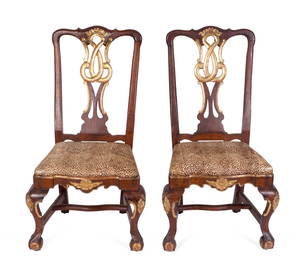 Appraisal: A Pair of Portuguese Rococo Parcel-Gilt Walnut Side Chairs Height