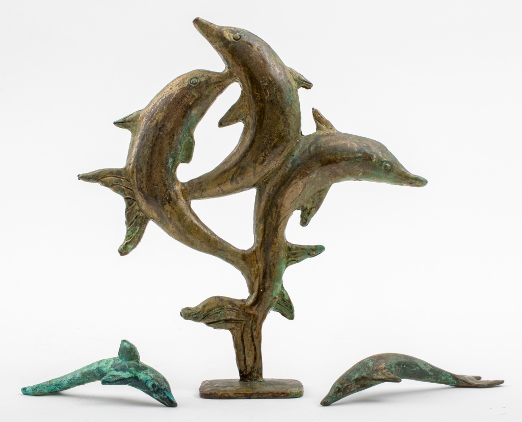 Appraisal: ITALIAN BRUTALIST VERDIGRIS BRONZE GROUP DOLPHINS Italian Brutalist verdigris bronze