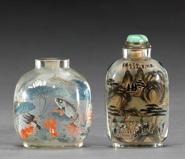 Appraisal: Two inside-painted glass snuff bottles The first painted with fish