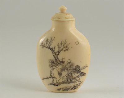 Appraisal: A Chinese ivory snuff bottle one side finely engraved with