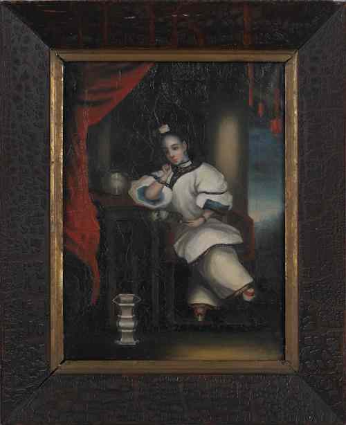 Appraisal: Pair of China Trade oil on canvas portraits ca of