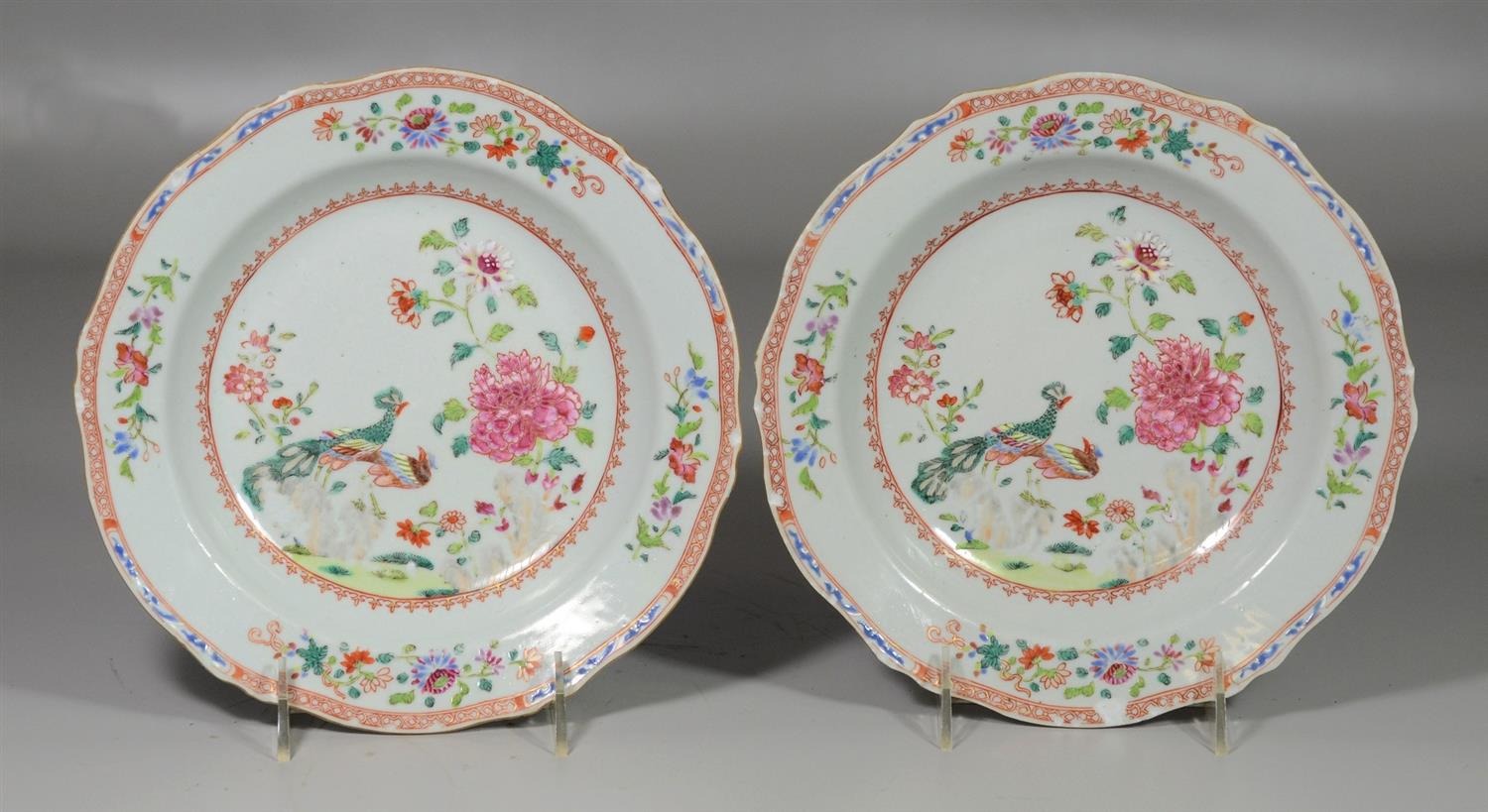 Appraisal: Pair of Chinese Export porcelain Famille Rose soup bowls peacock