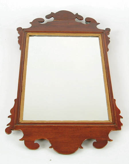 Appraisal: SMALL MAHOGANY CHIPPENDALE MIRROR Scroll carving SIZE h CONDITION Repairs