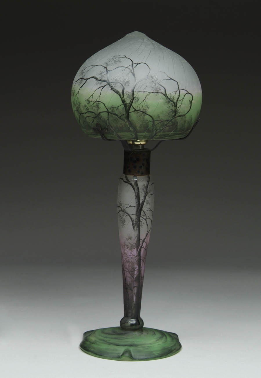 Appraisal: DAUM RAIN SCENE LAMP Exceptional example with strong pink background