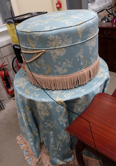 Appraisal: Upholstered stool round pedestal table and matching table cloth