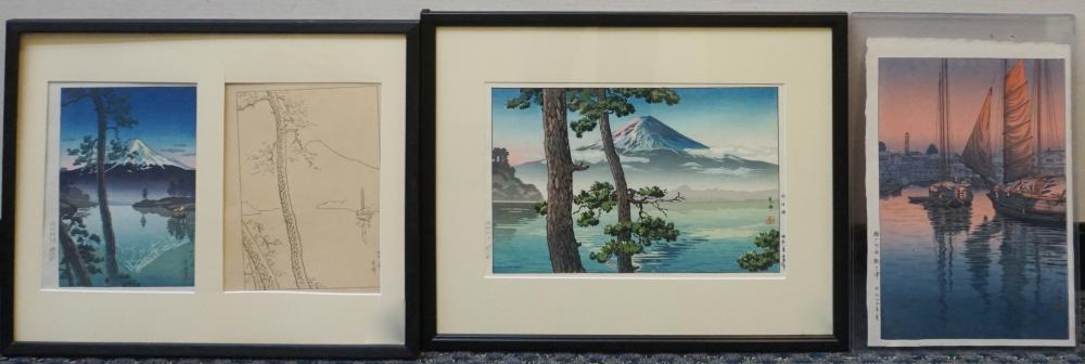 Appraisal: Three Japanese Modern Woodblock Prints of Mount Fuji and Port