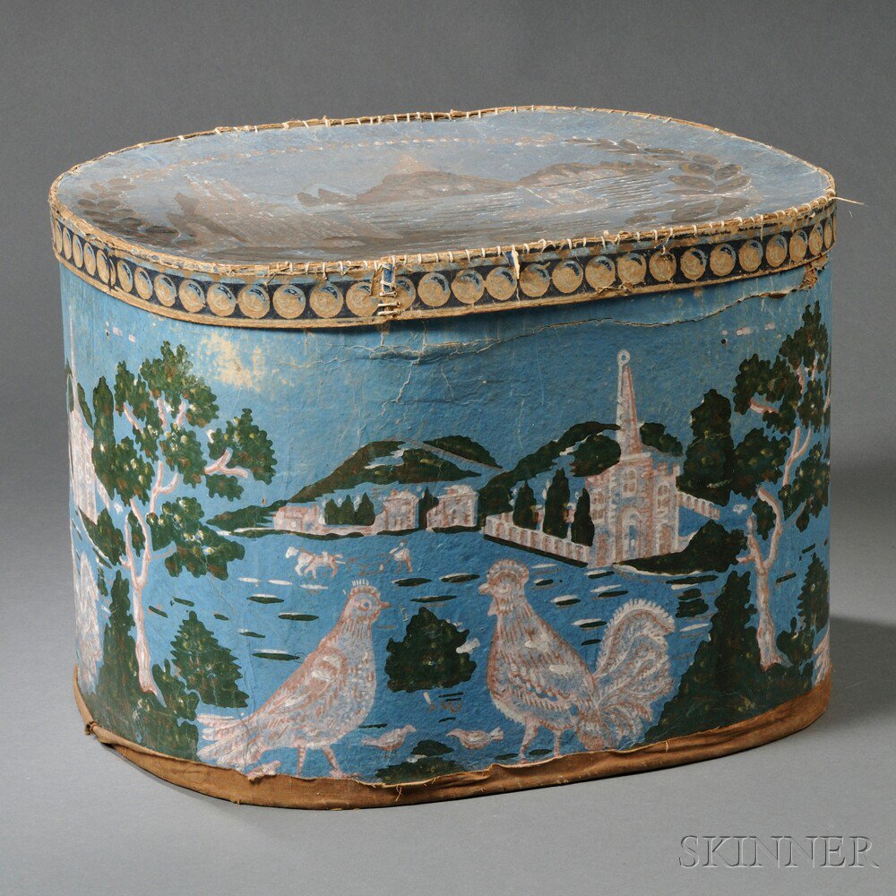 Appraisal: Blue Printed Wallpaper-covered Bandbox America early th century oblong box