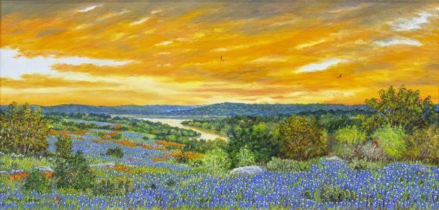 Appraisal: Framed oil painting on canvas Sunset Over the Highland Lakes