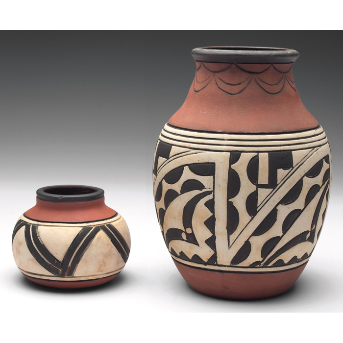 Appraisal: Weller Souevo vases two geometric designs one marked largest is