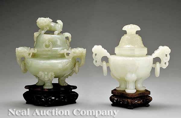 Appraisal: Two Chinese Carved Green Hardstone Tripod Censors probably mid- th