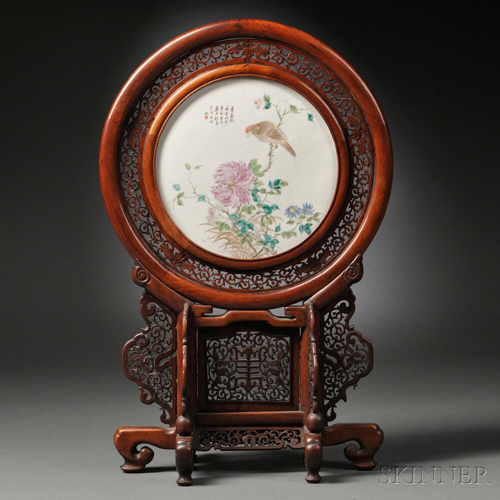 Appraisal: Table Screen with Round Porcelain Plaque China th th century