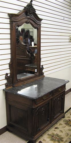 Appraisal: MARBLE-TOP WALNUT DRESSER WITH MATCHING WALL MIRROR Louis XV style