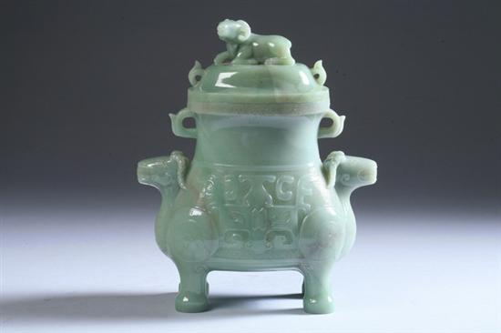 Appraisal: CHINESE CELADON JADE VESSEL Carved after archaic bronze vessel with