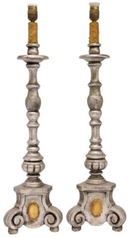 Appraisal: pair Spanish silver gilt table lamps single light turned standard