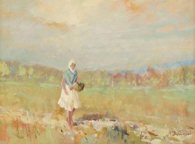 Appraisal: Framed oil on wood panel painting Woman in Field signed