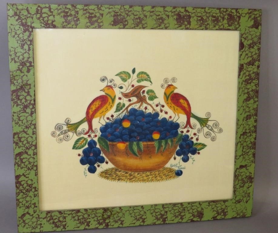 Appraisal: FINE BIRDS ON BOWL OF BLUEBERRIES FOLK ART THEOREMca late