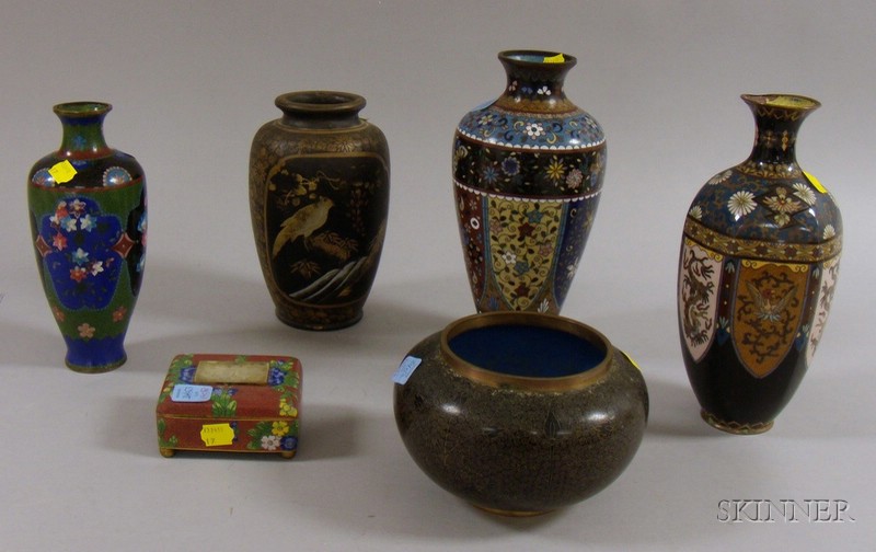 Appraisal: Six Cloisonne and Ceramic Items three vases one ceramic vase