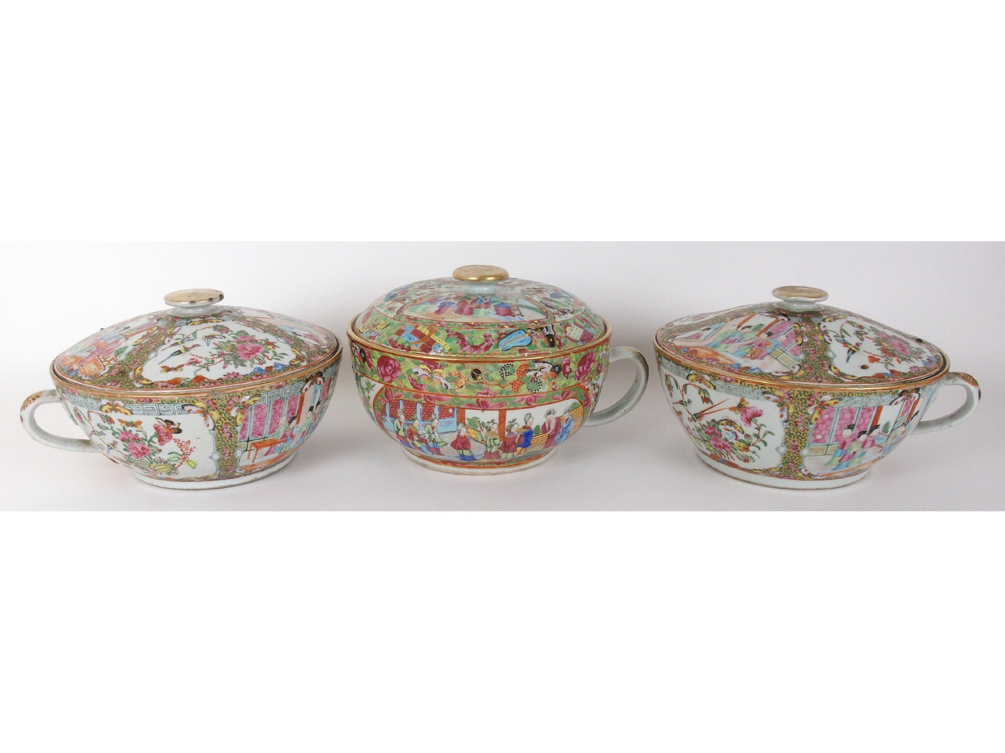 Appraisal: Three Cantonese famille rose circular tureens and coverspainted with panels