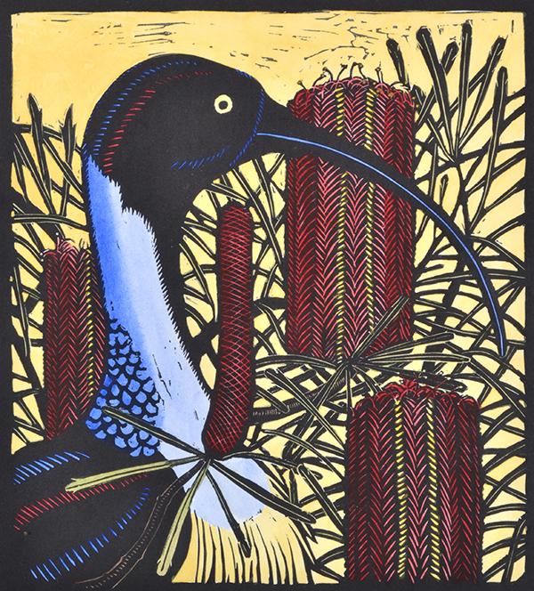 Appraisal: LESLIE VAN DER SLUYS - Ibis and Swamp Banksia linocut