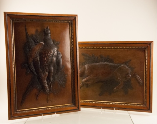 Appraisal: Pheasant and Rabbit Framed Reliefs H x W