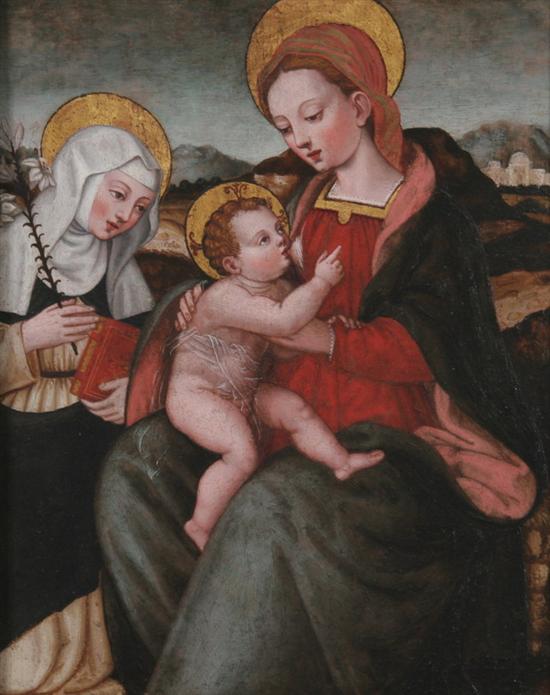 Appraisal: ITALIAN SCHOOL th Century MADONNA AND CHILD WITH SAINT Oil