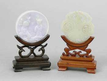 Appraisal: A Lavender Jade Disk on Stand and White Jade Disk