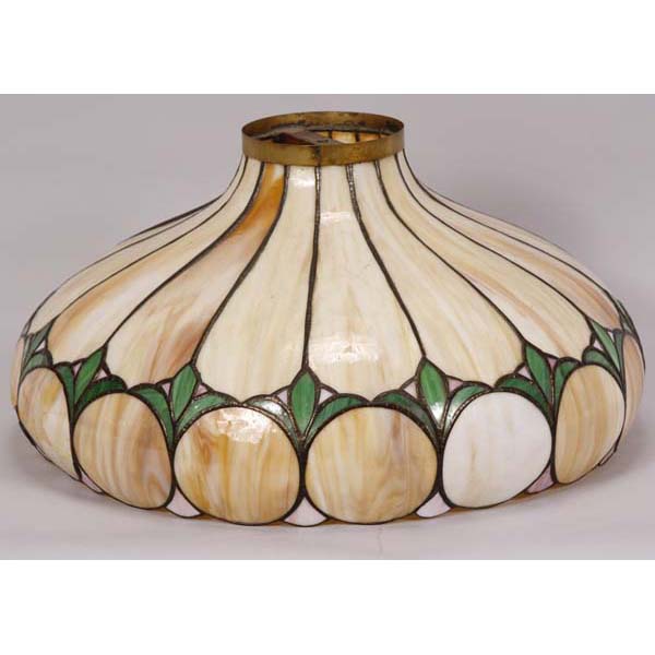 Appraisal: Large leaded glass panel lamp shade with green floral accents