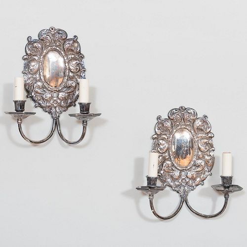 Appraisal: PAIR OF SILVER PLATE TWO-LIGHT WALL SCONCES x x in