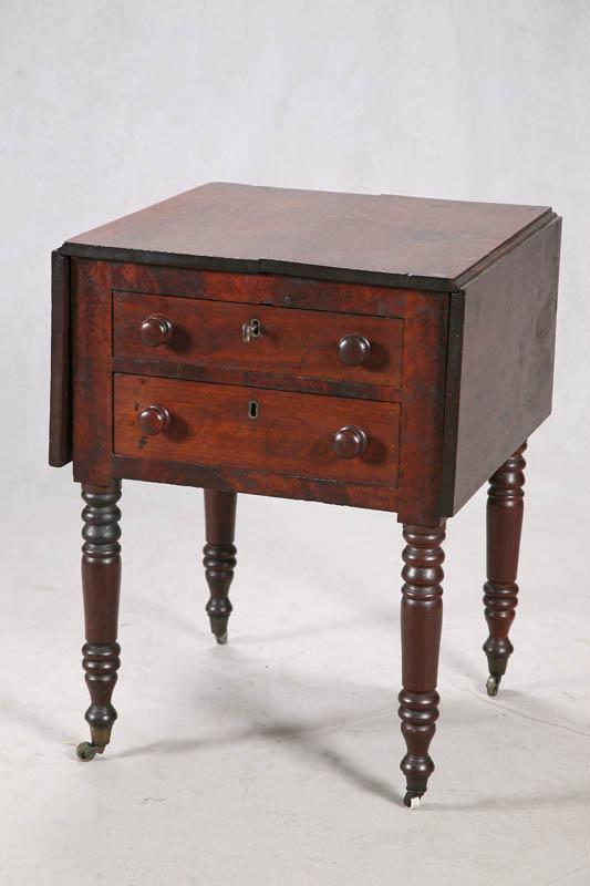 Appraisal: DROP LEAF STAND Walnut with two drawers wooden pulls turned