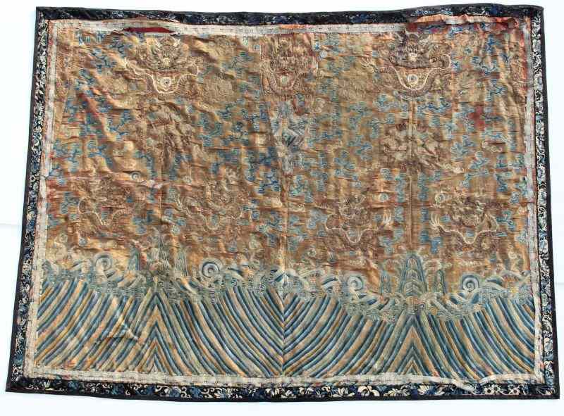 Appraisal: Chinese Silk Wall Panelpossibly Qianlong period faded apricot ground embroidered