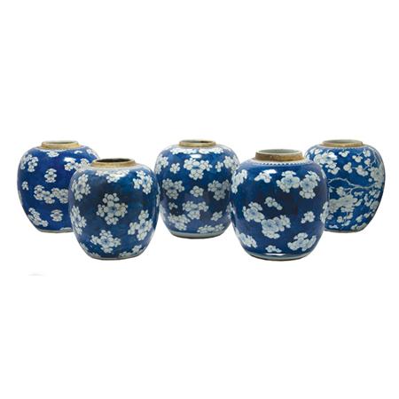 Appraisal: Group of Five Chinese Blue and White Glazed Porcelain Ginger