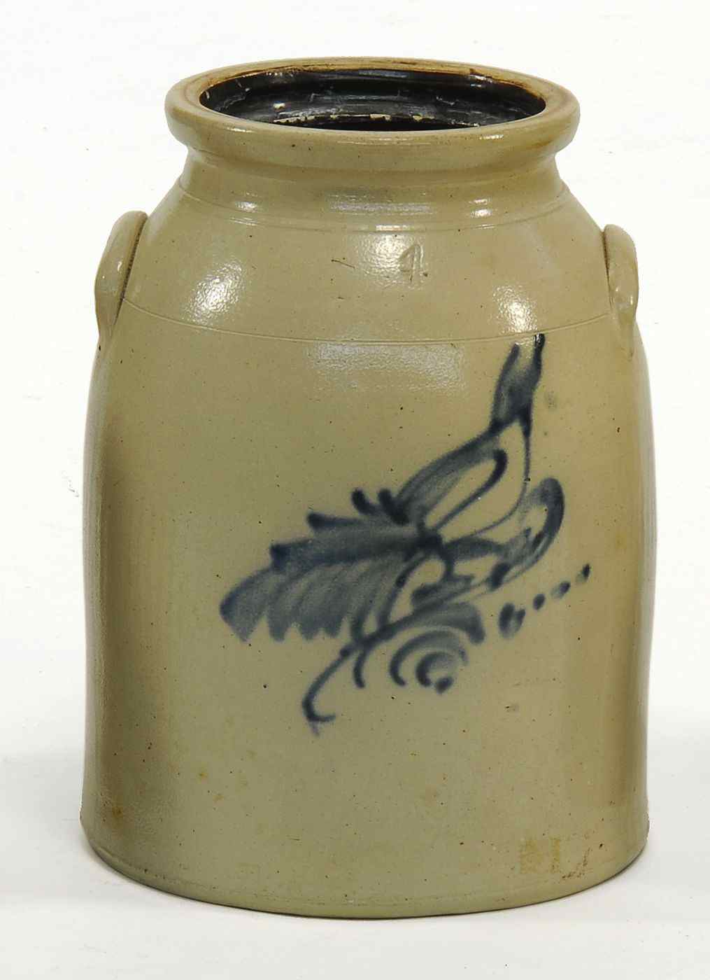 Appraisal: ANTIQUE AMERICAN FOUR-GALLON STONEWARE CROCK th CenturyWith cobalt blue bird