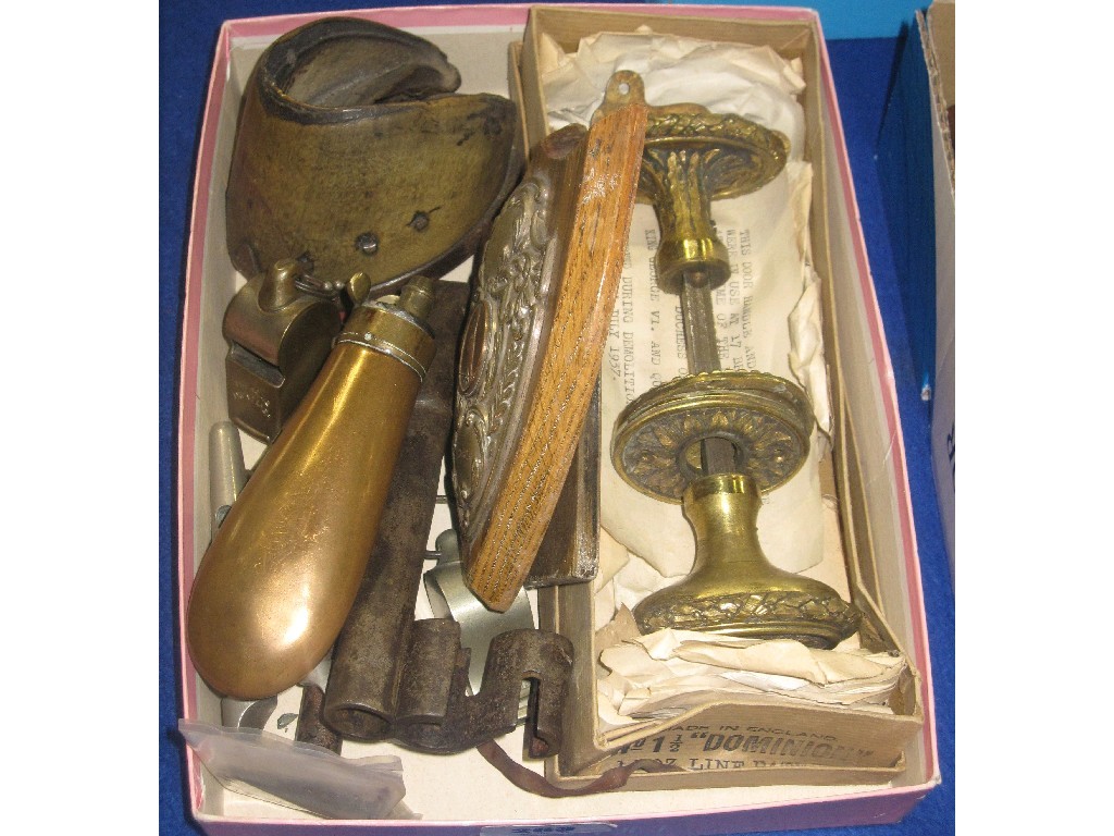 Appraisal: Box of miscellania - keys whistles powder flask etc