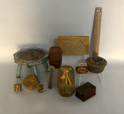 Appraisal: Woodenware to include painted stool straight edge miniature barrel etc