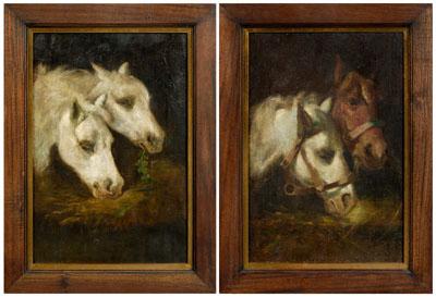 Appraisal: Pair equestrian paintings horses at feed boxes unsigned oil on