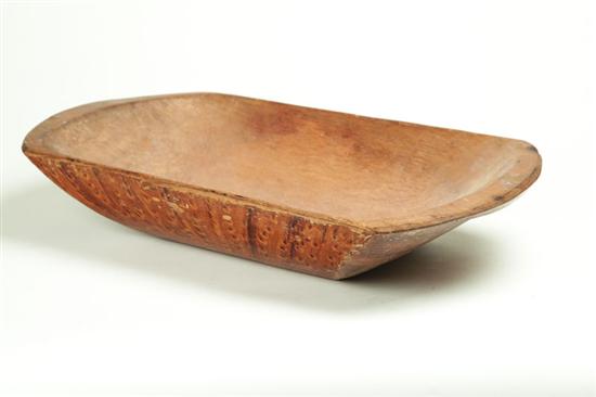 Appraisal: DECORATED TRENCHER American th century chestnut Carved oblong bowl retaining