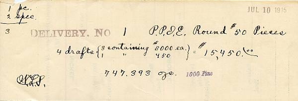 Appraisal: Panama-Pacific International Exposition Coin Delivery Receipt for PPIE Quarter Eagles