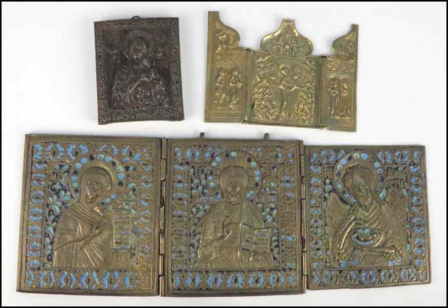 Appraisal: TWO RUSSIAN METAL TRAVEL TRIPTYCH ICONS Together with a resin