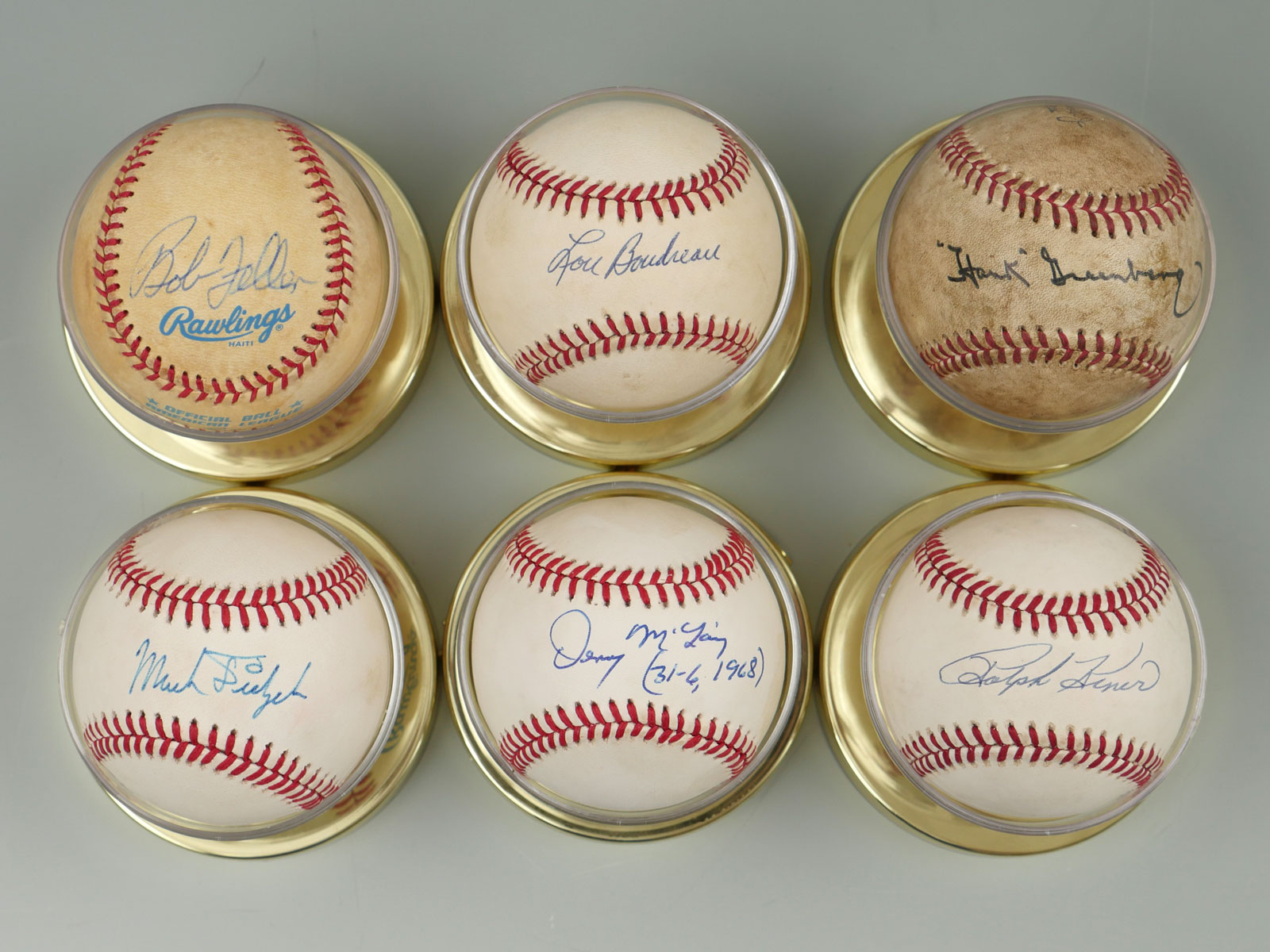 Appraisal: AUTHENTIC AUTOGRAPHED BASEBALLS BOB FELLER LOU BOUDREAU HANK GREENBERG MARK