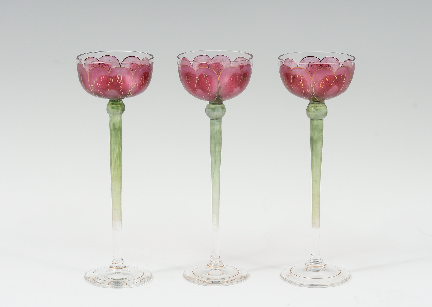 Appraisal: RARE PC FLORAL PAINTED GERMAN LIQUOR GLASSES Three liqueur glasses