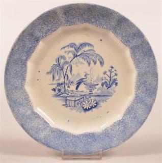 Appraisal: Blue Spatter Peafowl at Fountain Transfer Plate Blue Spatter Peafowl