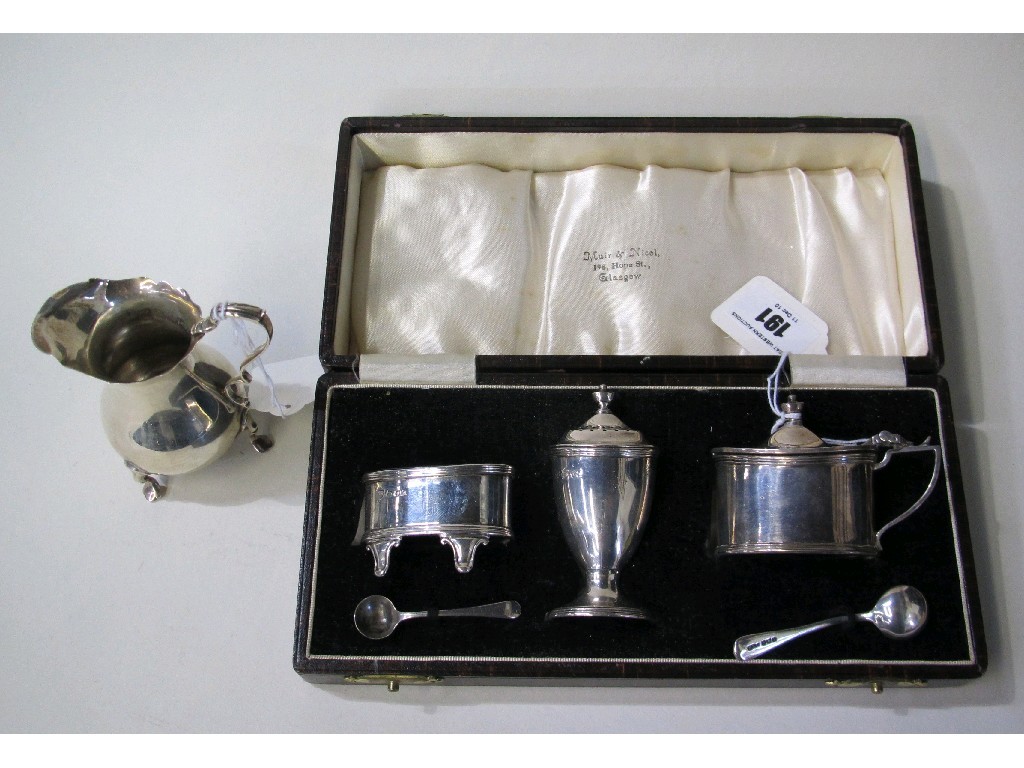 Appraisal: Lot comprising cased three piece silver condiment set and a