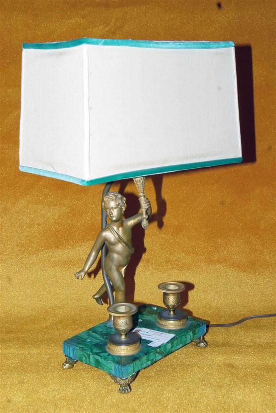 Appraisal: BRONZE FIGURAL PUTTO CANDLESTAND GARNITURE th c continental on malachite