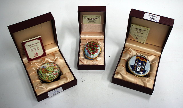 Appraisal: THREE STAFFORDSHIRE ENAMEL JAN MARSHALL COLLECTION ENAMEL BOXES to include